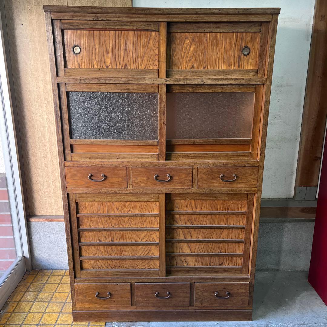 水屋箪笥 昭和初期 ガラス扉 キャビネット 引き出し三杯