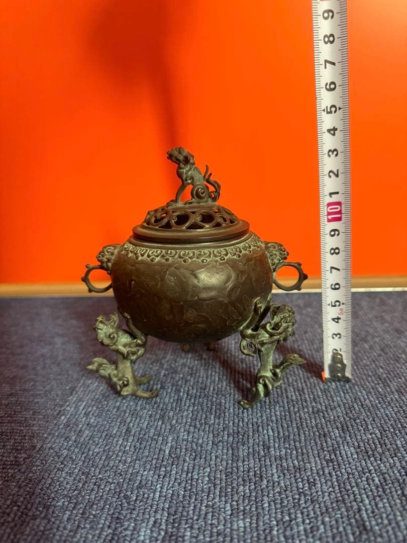 1817 高岡銅器　須賀七郎作　月芳　蝋型鋳銅　三獅子　香炉　時代物