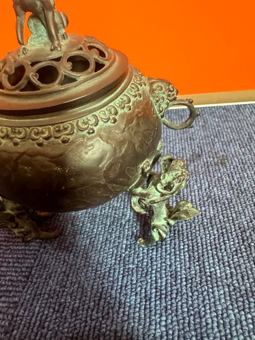 1817 高岡銅器　須賀七郎作　月芳　蝋型鋳銅　三獅子　香炉　時代物