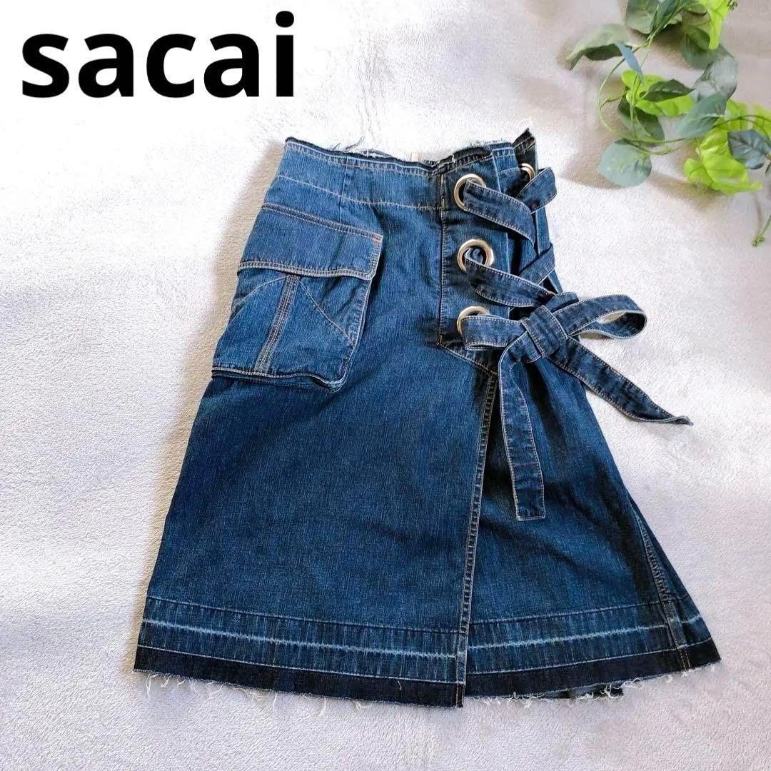 希少 sacai デニムスカート レースアップ カットオフ ミモレ丈 インディゴ