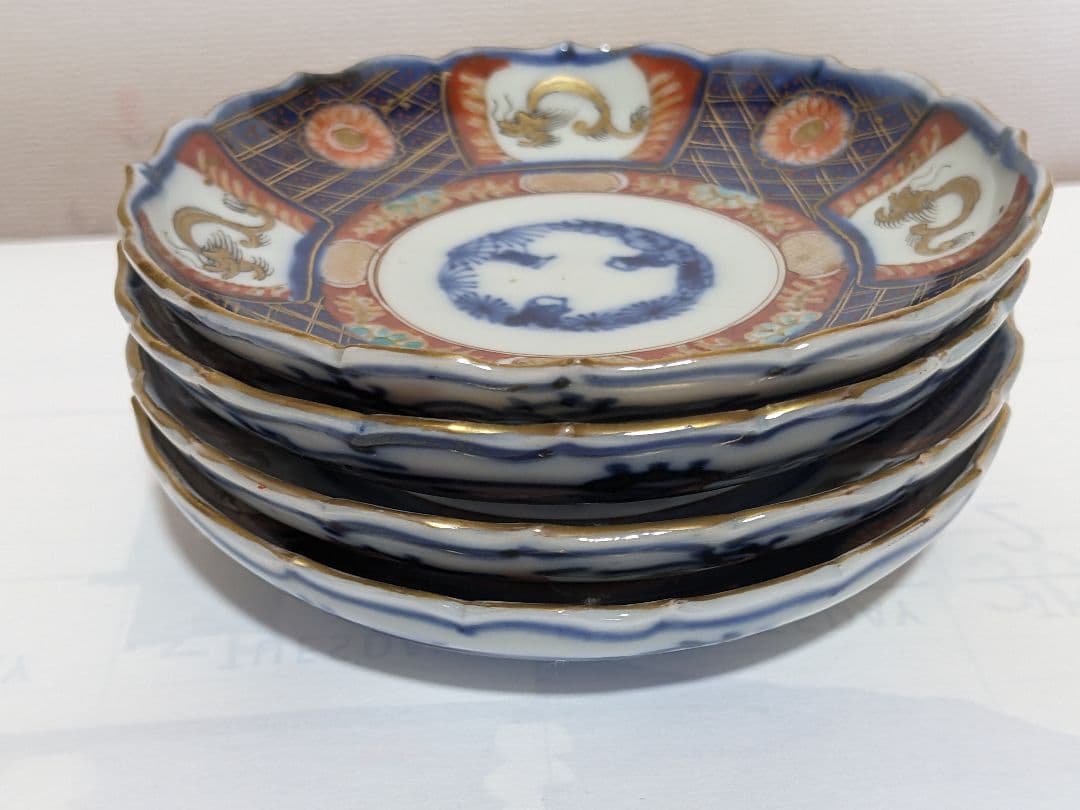 ♦江戸時代古伊万里 大明成化年製 染付金襴手 吉祥文 輪花豆皿 四枚組み 骨董品