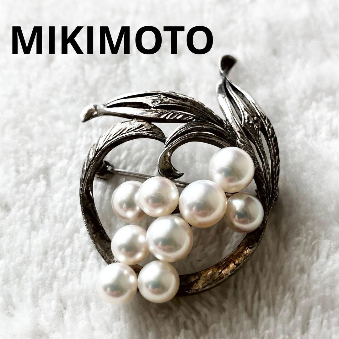 ★美品★ミキモト　パールブローチ　あこや真珠　　シルバー　7粒　リーフ　ハート