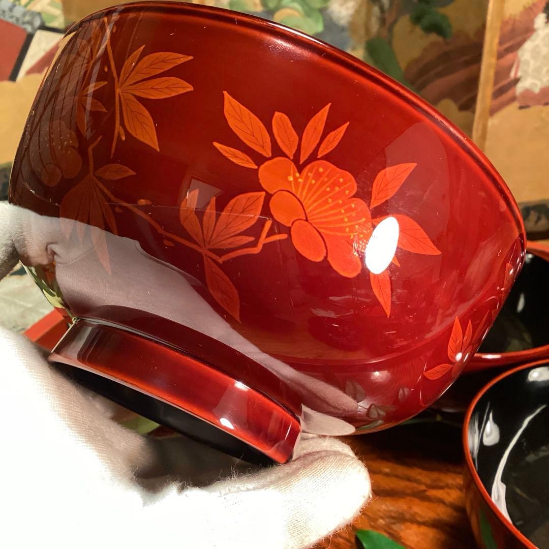 A893 木製輪島塗　白檀塗　山吹蒔絵　『千舟堂』　吸い物椀　煮物椀　5客