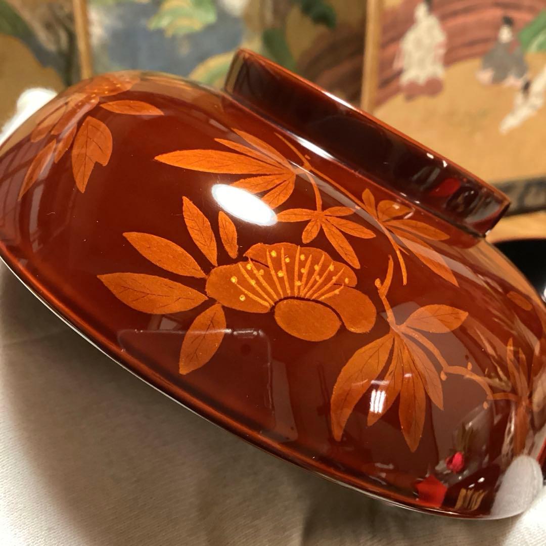 A893 木製輪島塗　白檀塗　山吹蒔絵　『千舟堂』　吸い物椀　煮物椀　5客