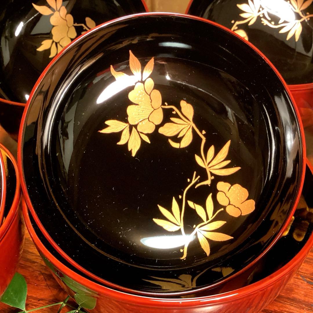 A893 木製輪島塗　白檀塗　山吹蒔絵　『千舟堂』　吸い物椀　煮物椀　5客