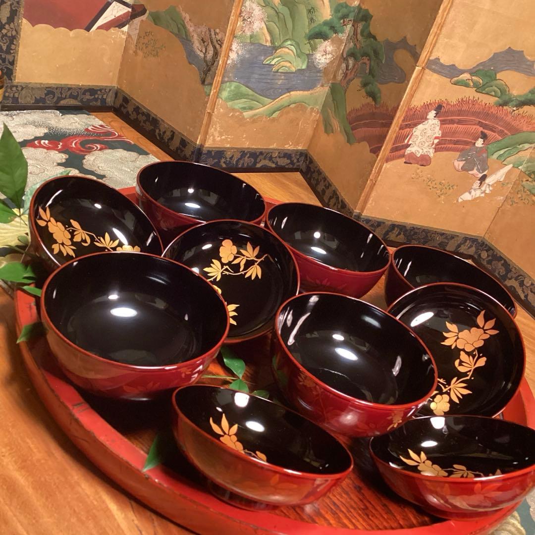 A893 木製輪島塗　白檀塗　山吹蒔絵　『千舟堂』　吸い物椀　煮物椀　5客