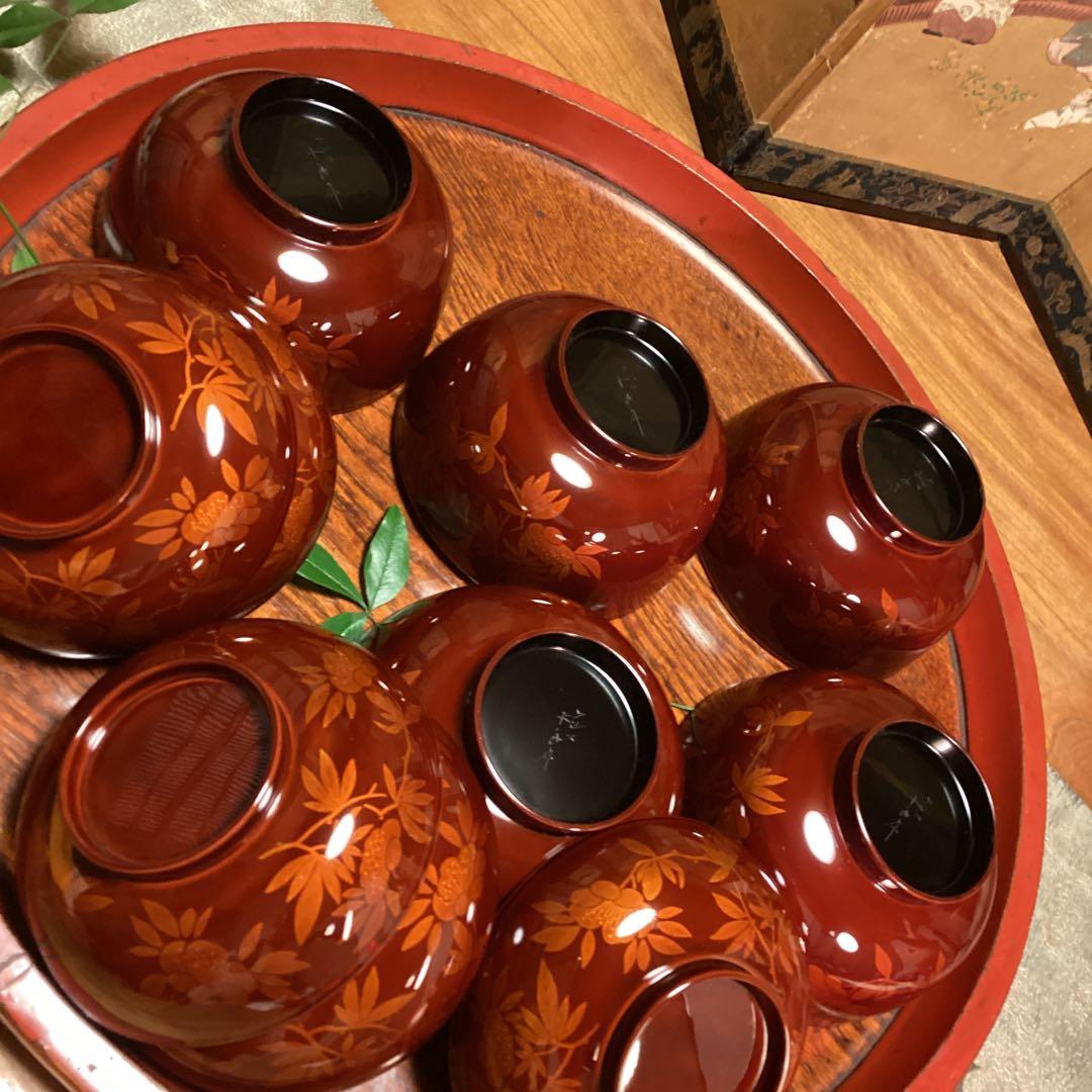 A893 木製輪島塗　白檀塗　山吹蒔絵　『千舟堂』　吸い物椀　煮物椀　5客