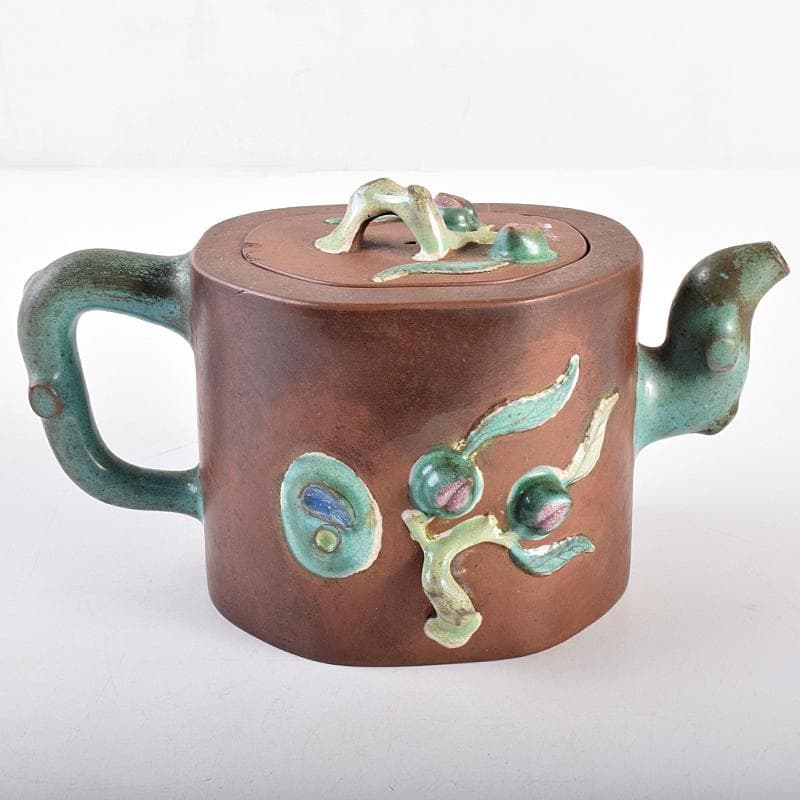 中国　宣興紫砂銘　紫砂　朱泥　色絵桃文　急須　茶壷　D　R7722