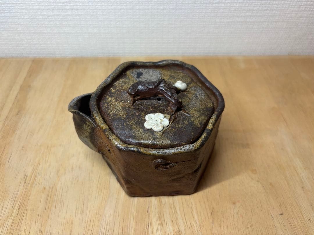 ㊲備前焼 宝瓶 登り窯 白梅 梅 うめ ウメ 手びねり 6角 急須