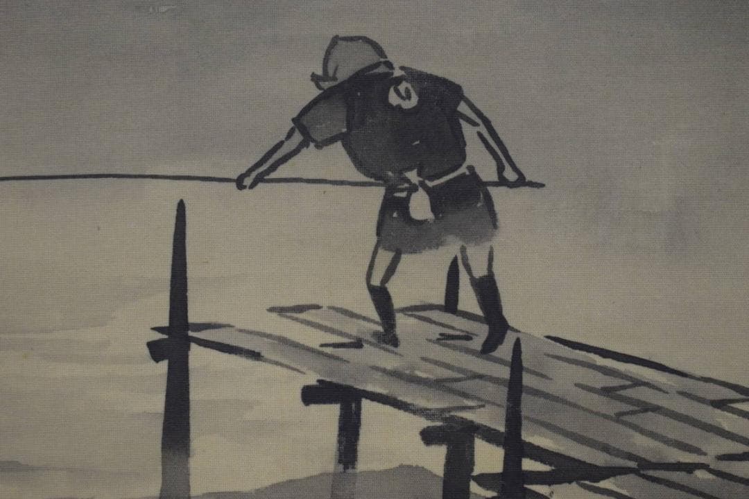 真作/清水千佳/山水釣人図/人物図/水墨山水図/桐共箱付/布袋屋掛軸HJ-97