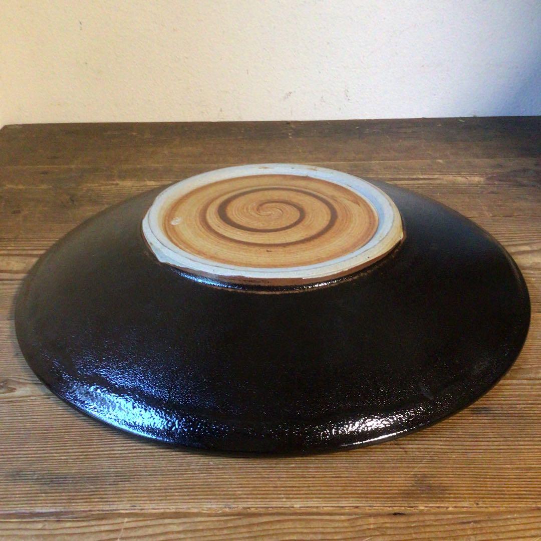 No4110 黒釉二彩大皿　陶印有　直径45.5cm 飾皿　陶磁器　送料無料