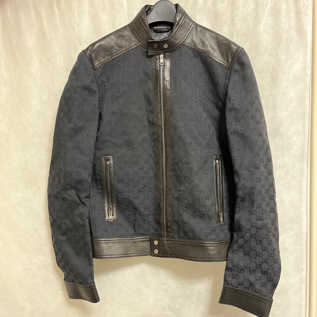 GUCCIブラックレザー 切り替え シングルライダースジャケット!