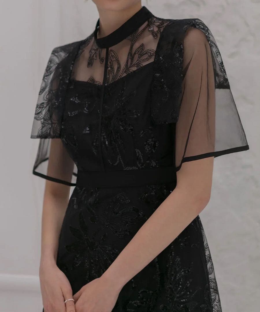 フラップデザインフラワースパンコールAラインワンピースドレス