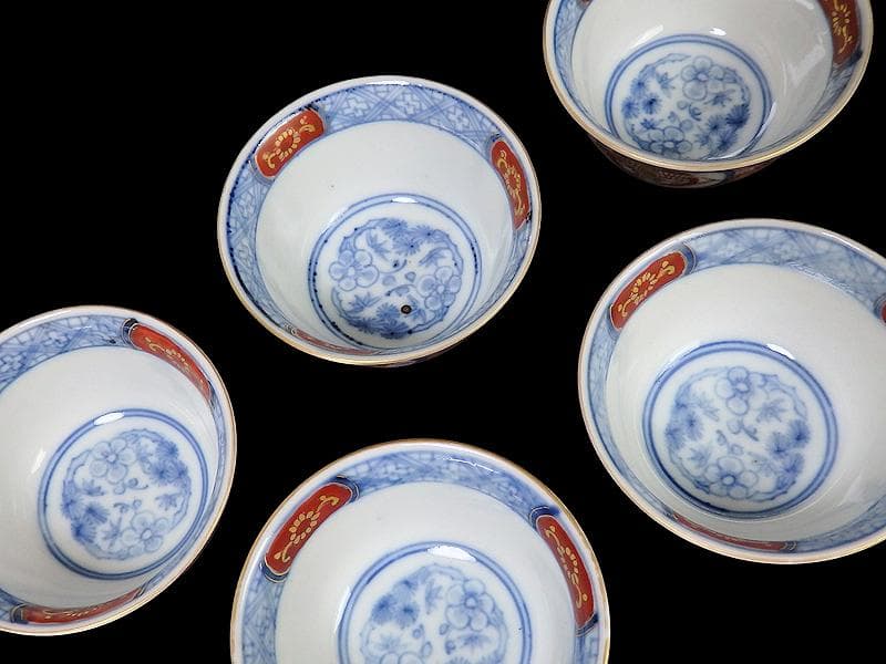 大聖寺伊万里　金襴手　窓絵　鳳凰紋　煎茶碗　向付　５客　A213AS-CWm