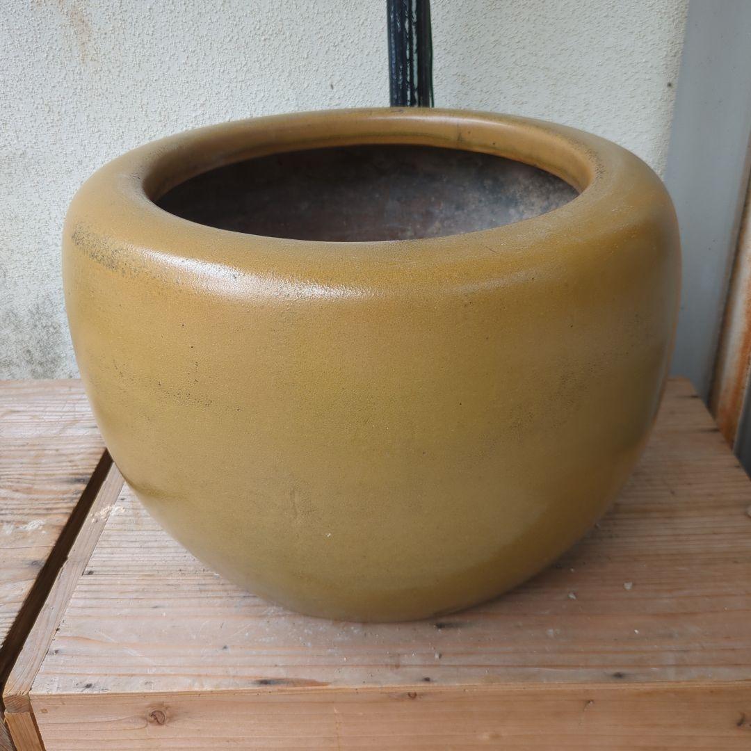 骨董 火鉢 黄土色 メダカ 金魚 睡蓮鉢 鉢カバー テーブル 水鉢 レトロ