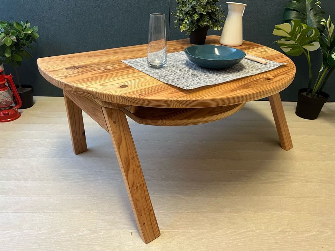 【送料無料】 ローテーブル 半円 収納付き90cm 60cm 杉 折り畳み脚