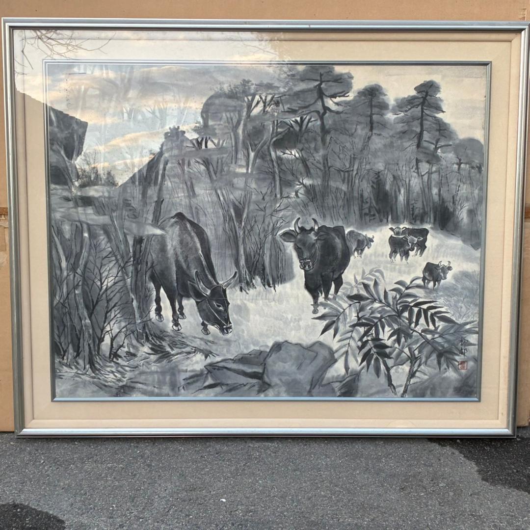 牛の墨絵画　モノトーン　特大サイズ　140×113㎝　　25265
