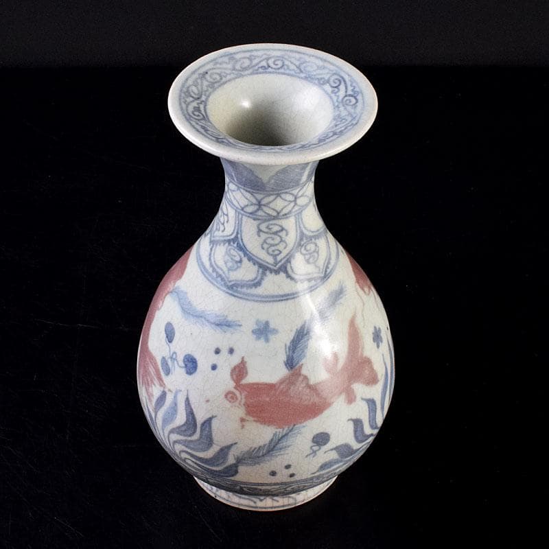 中国　青花釉裏紅　魚藻文　玉壺春瓶　C　7043