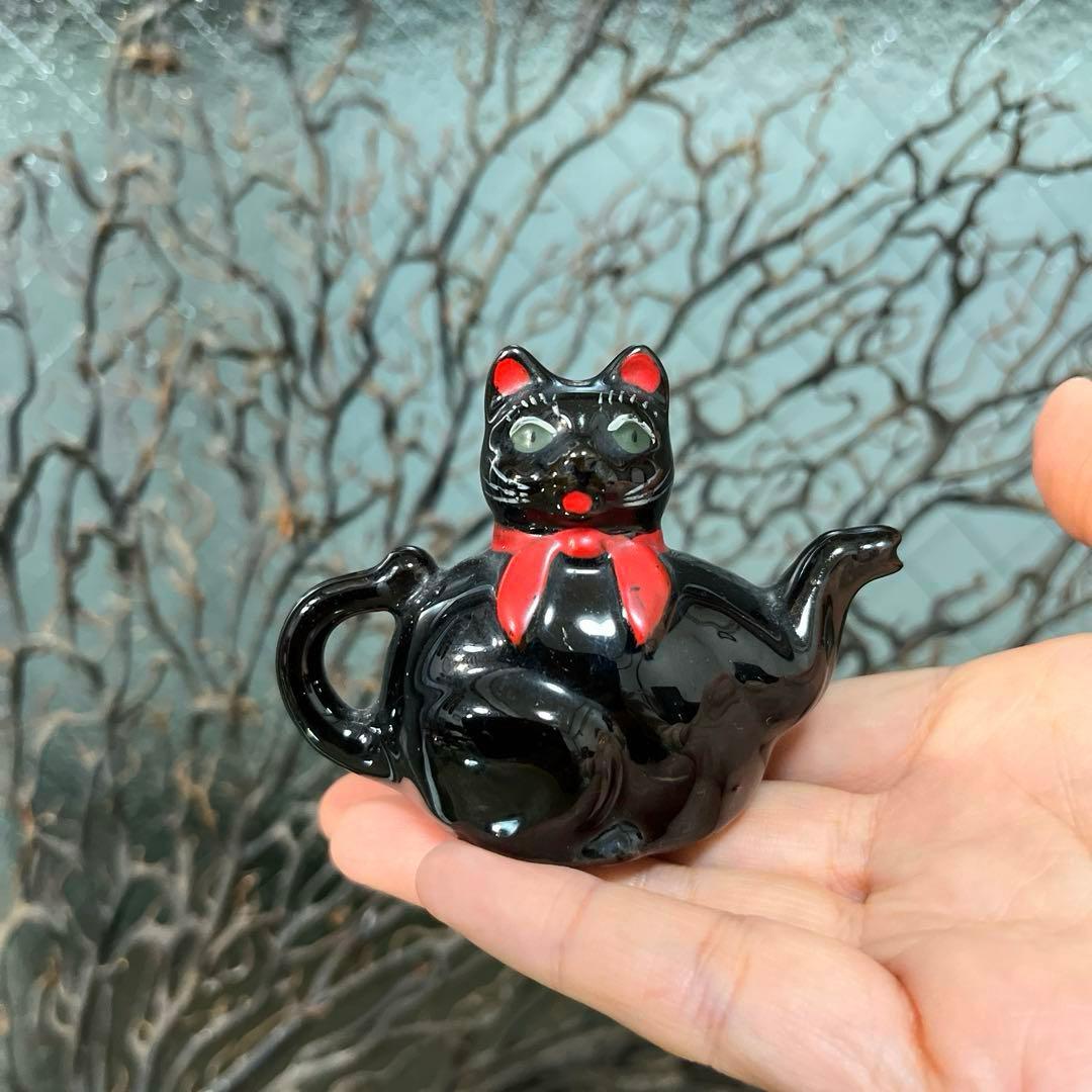 骨董　瀬戸　輸出用　希少　黒猫　招き猫　象コラボ　ティーポット　オブジェ　縁起物