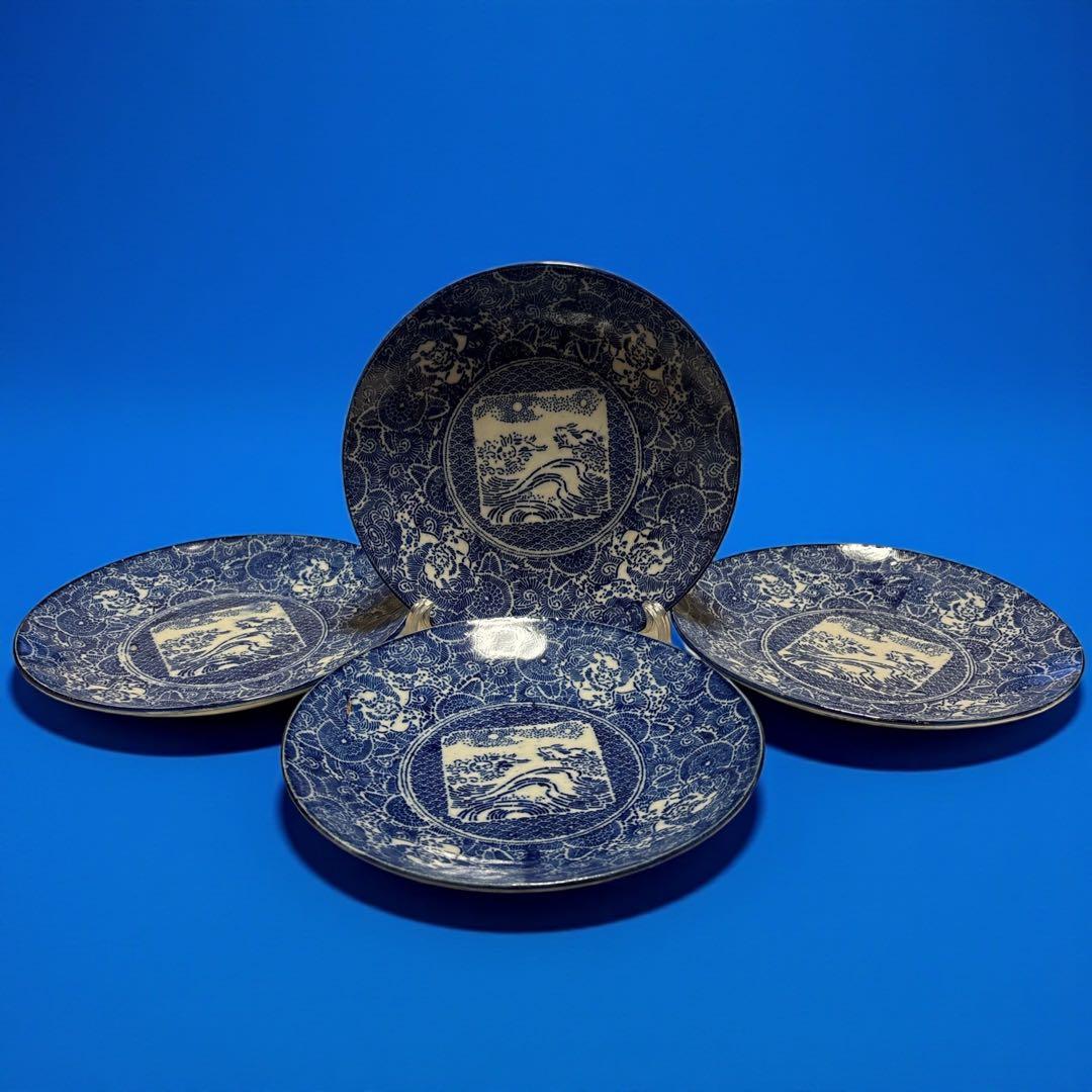 染付 印判手 菊唐草 山水文 肥前 伊万里 波佐見系 和食器 中皿 4枚セット