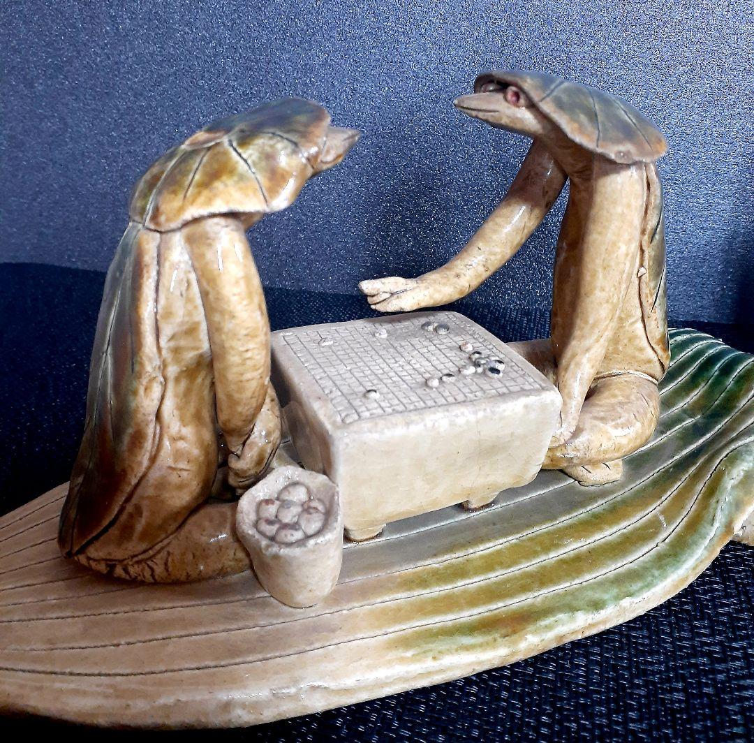 【珍品】時代物　織部焼　織部釉　河童(カッパ)の囲碁打　飾り物　オブジェ　置物