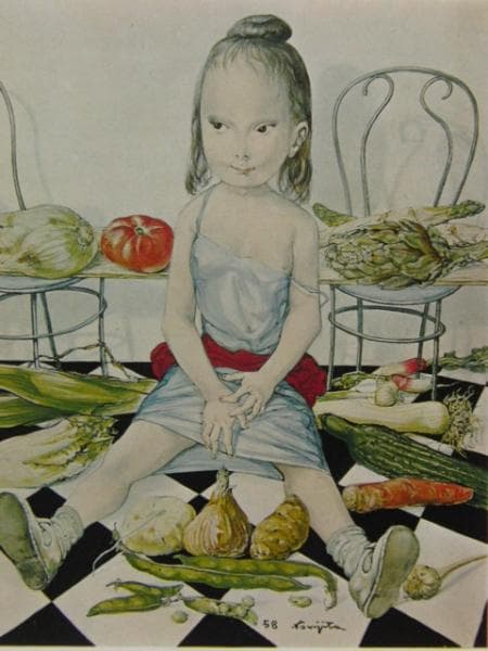 藤田嗣治、野菜と子供、超希少画集画、新品額装付