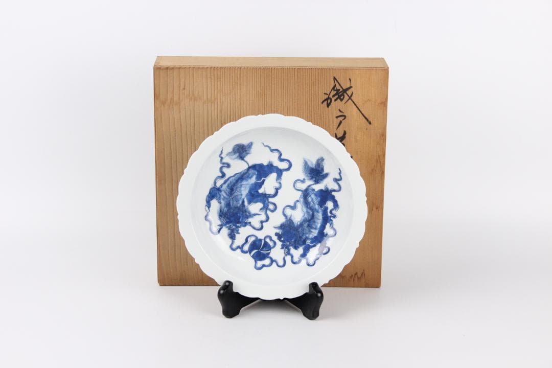 中国美術　青花獅子毬 成化年製　 古染付皿 骨董磁器 蔵出 唐物 EYM23-3