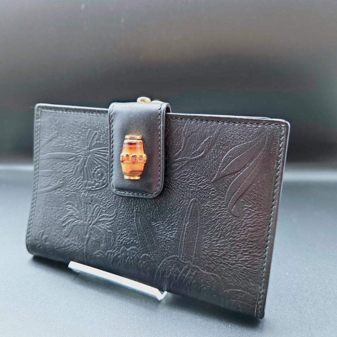美品 グッチ GUCCI バンブー がま口 二つ折り財布 レザー ブラック