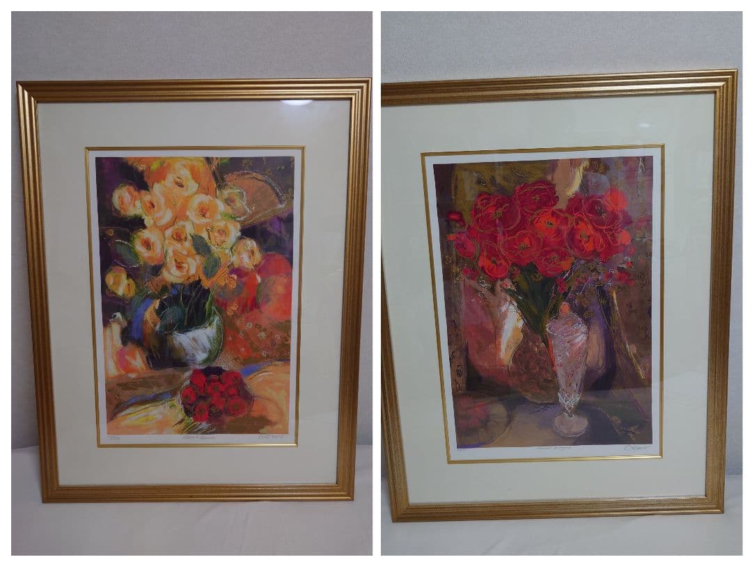 【２点セット】アンドリュープライス　赤いバラ＆黄色いバラ　版画　花　静物画　花瓶