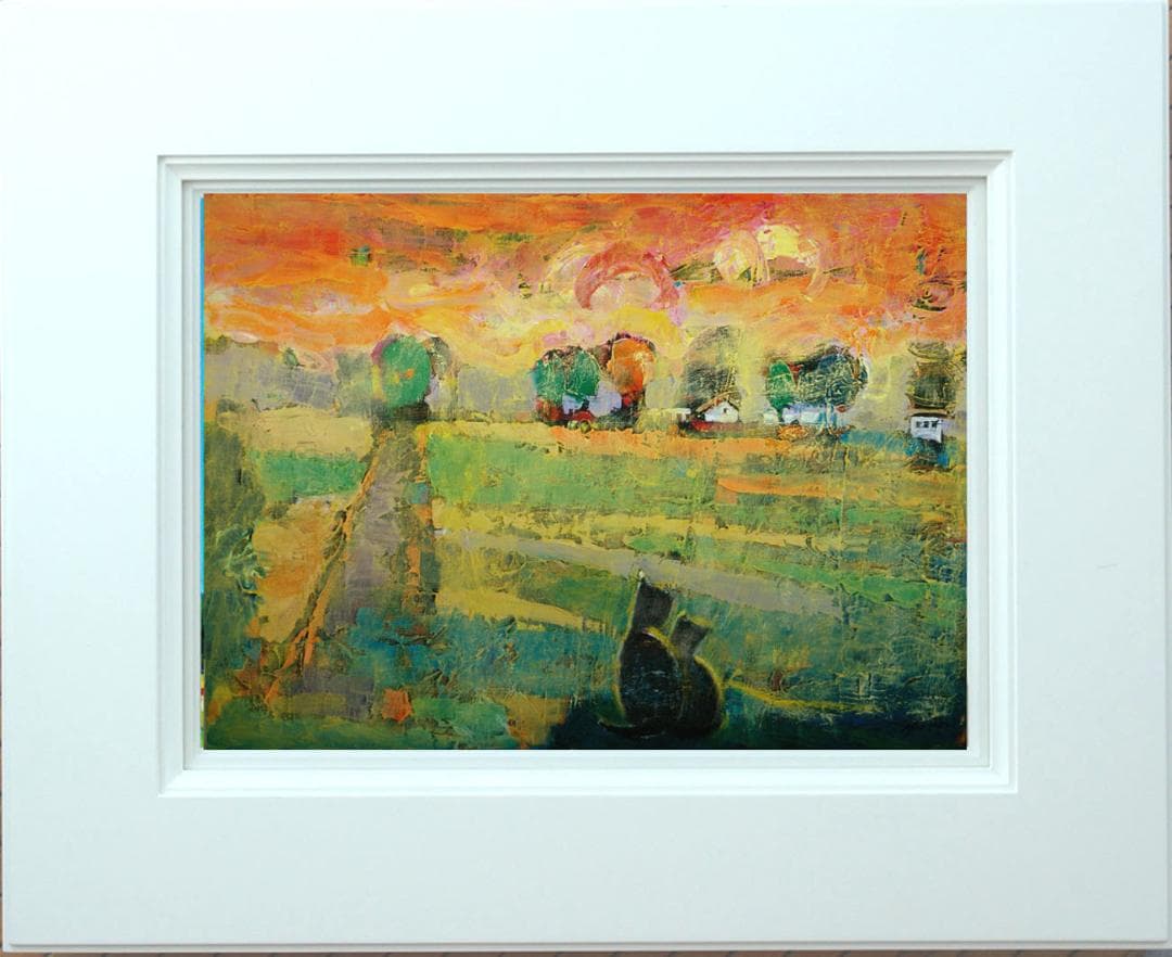 油絵 菅家令子 絵 絵画インテリア額付(白) uF6-070919夕朝陽 猫親子