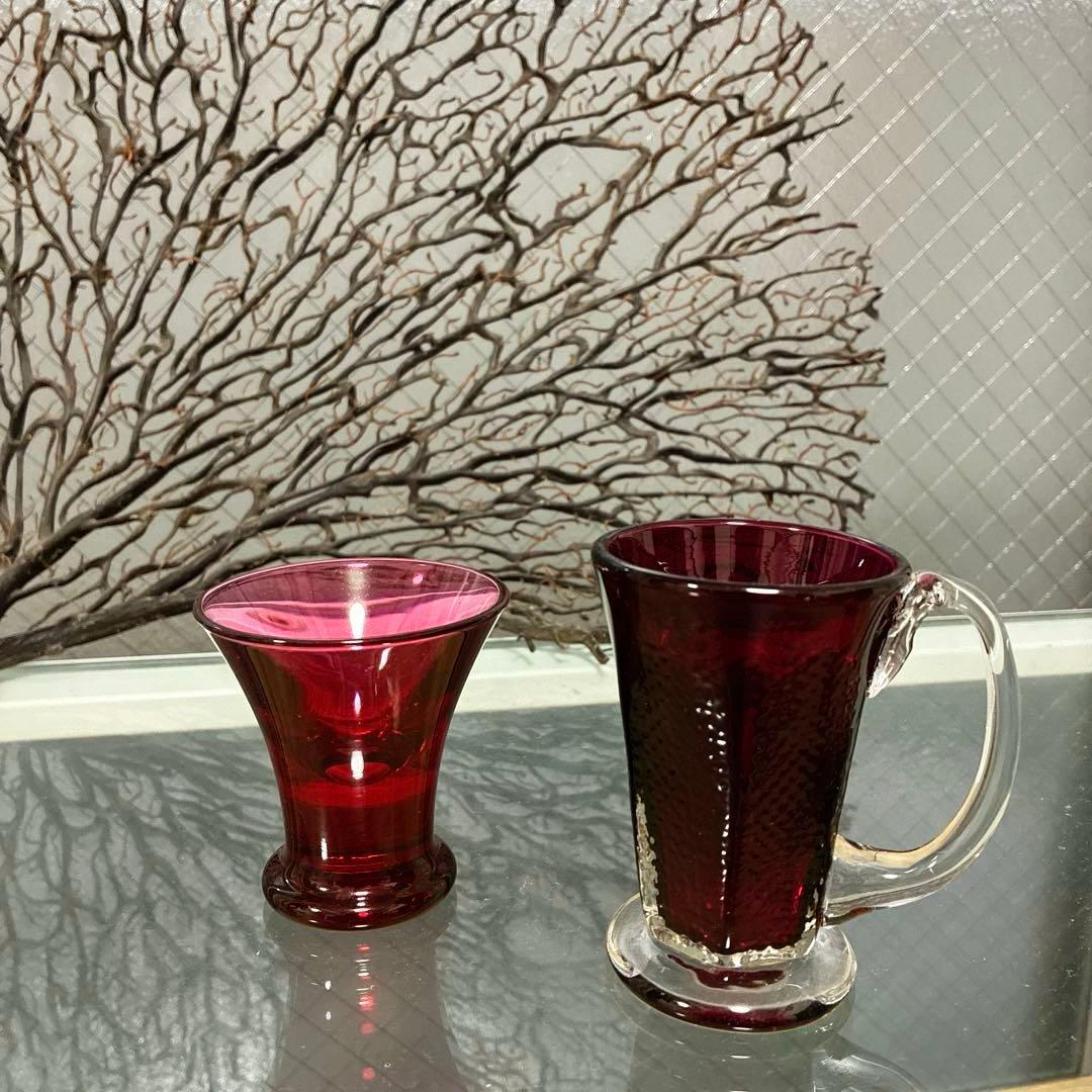 骨董　時代　希少金赤ガラス　取手付き　プレス調　アイスクリームコップ　ウラン③