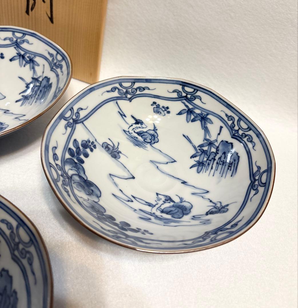 清水焼 平安 竹峰作 染付水鳥 向付 5客 懐石料理 和食 竹峰 鉢 木箱