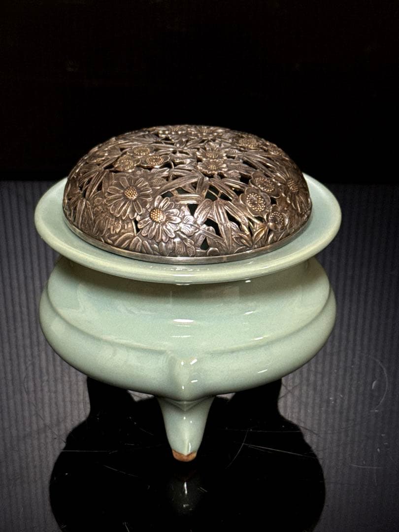 純銀 刻印 火屋付 青磁袴腰型 香炉 桐箱付 茶道具