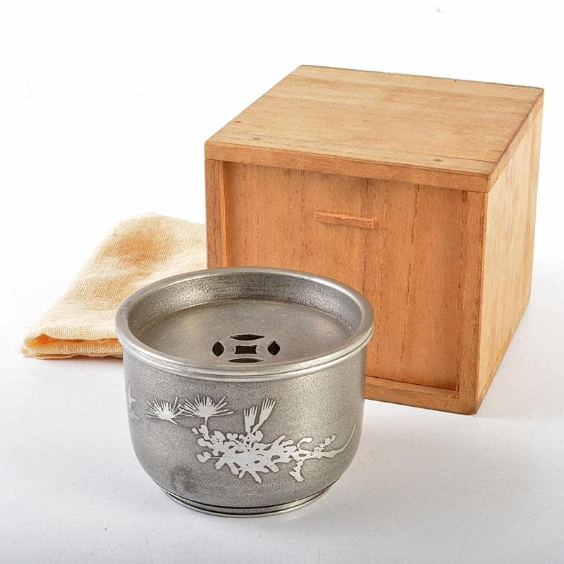 煎茶道具　林亭瑞製　錫製　四君子文　茶こぼし　約287g　時代箱　D　R5794