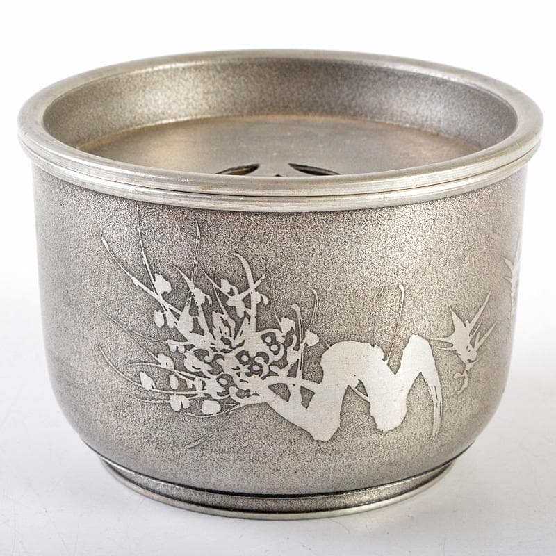 煎茶道具　林亭瑞製　錫製　四君子文　茶こぼし　約287g　時代箱　D　R5794