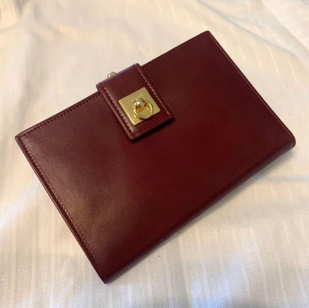 【希少】セリーヌ　ヴィンテージ　ロゴサークル　ゴールド金具　レザー　ボルドー