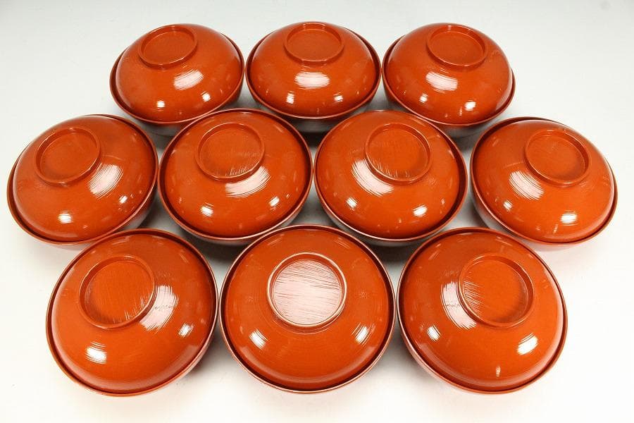 平安象彦製 朱塗刷毛目 蓋蒔絵 椀 十客 美品 共箱(K-A751)