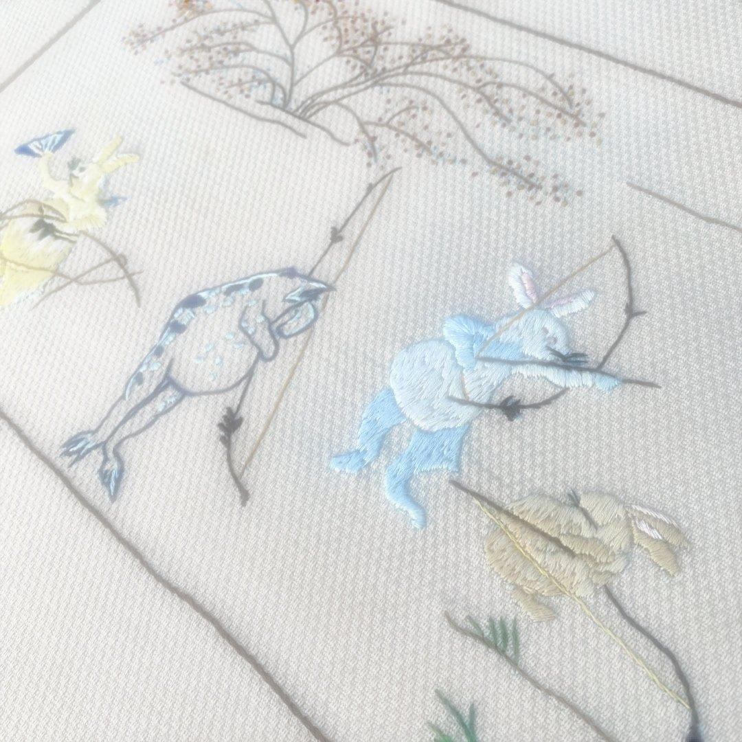 刺繍の動物　鳥獣戯画　風炉先屏風　茶道具