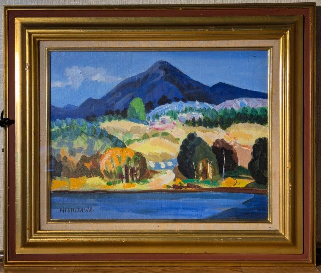 【真作】絵画　西澤栄一　油彩6号　千曲川　色彩豊かな風景　自然の息吹　U44