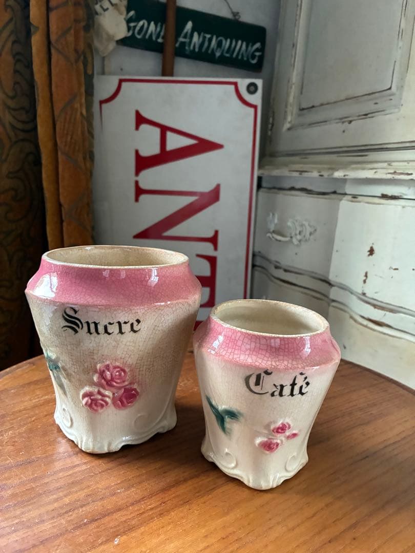 フランス　アンティーク　陶器　キャニスター　バルボティーヌ　ローズ　ピンクBレア