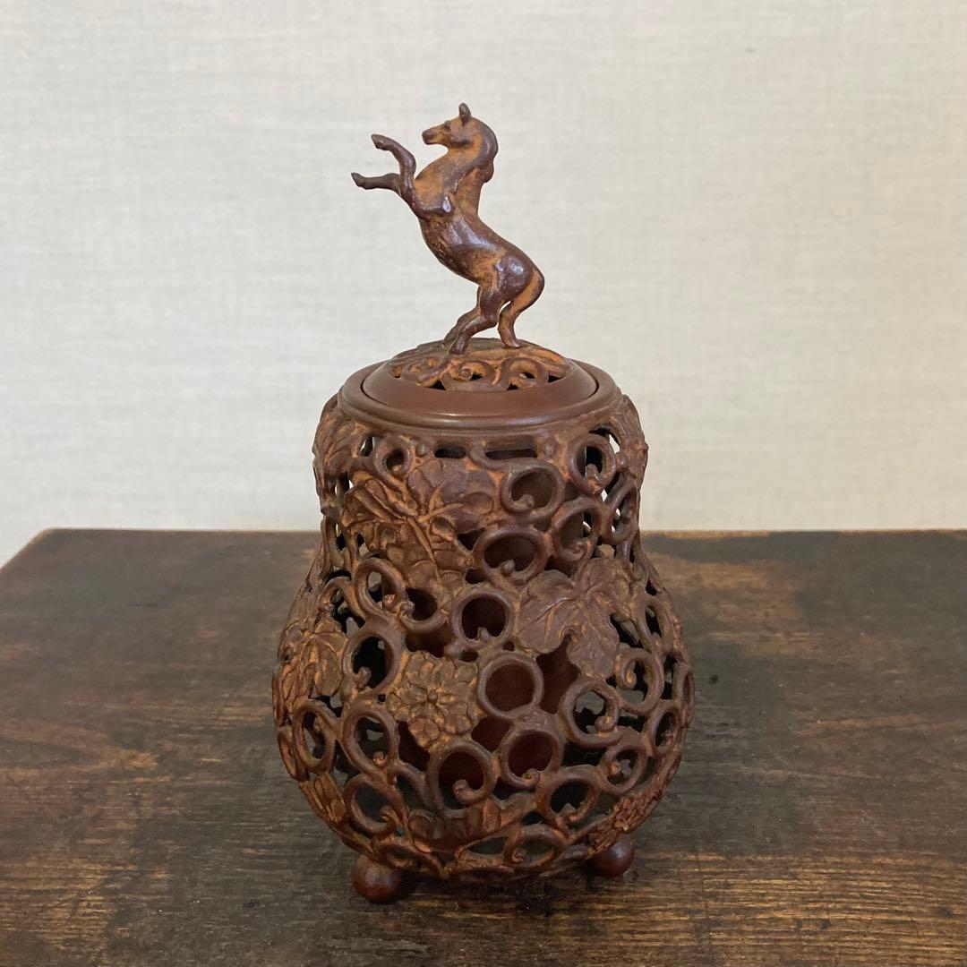 名取川雅司 高岡銅器 香炉 瓢箪 馬 干支 午 透し 置物 美術 工芸品 レトロ