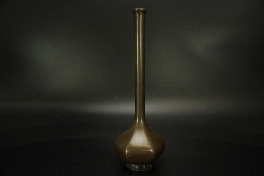 茶道具 銅 鶴首 花入 利三郎作 共箱 未使用(ZE516)