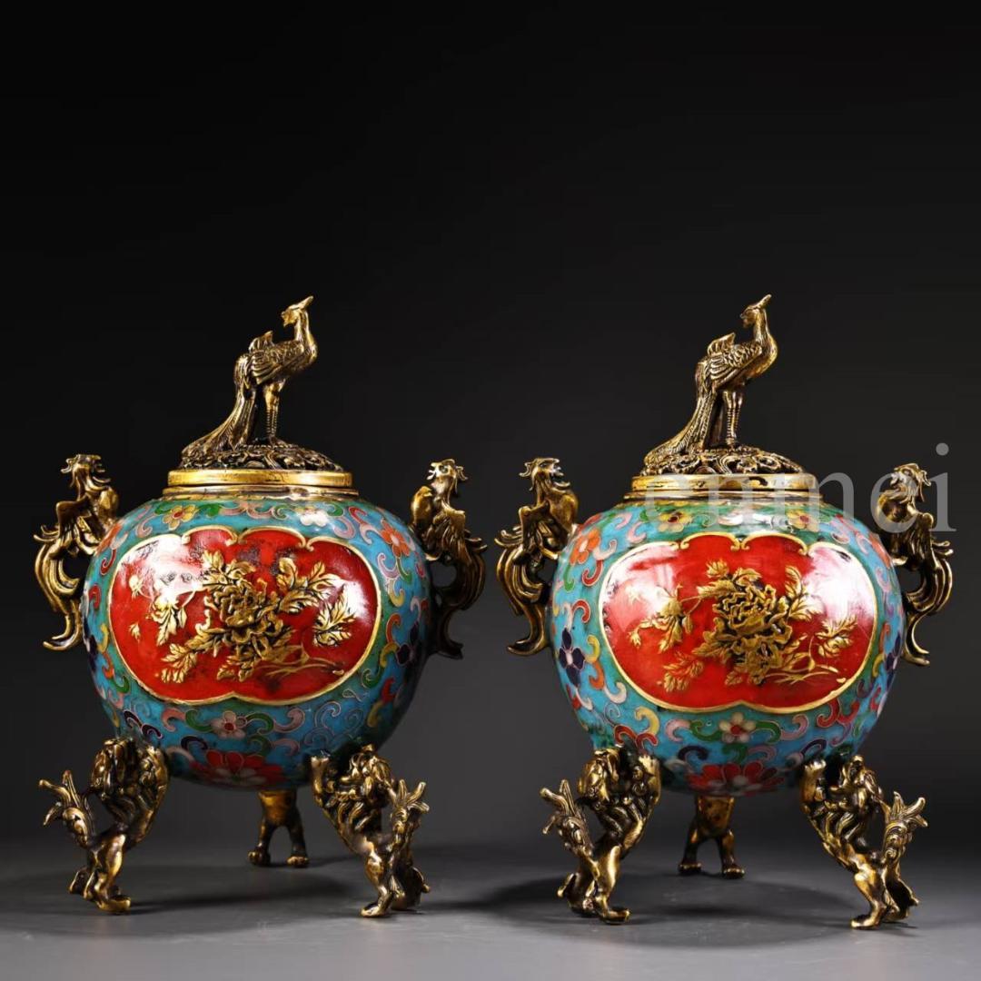 珍品旧藏・赤青琺瑯装飾双対香炉・高浮彫鏨刻・鎏金鳳鳥浮彫付き・純銅製・置物・風水