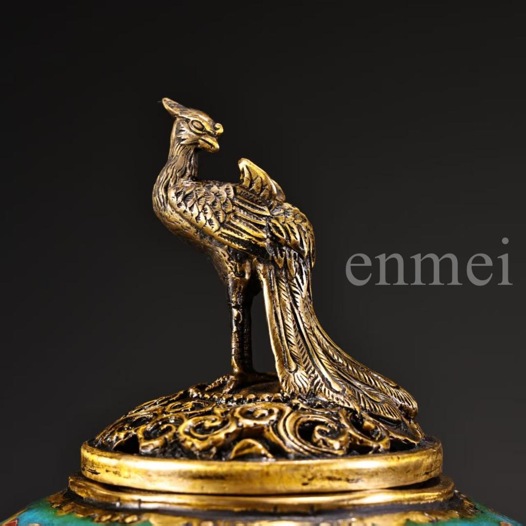 珍品旧藏・赤青琺瑯装飾双対香炉・高浮彫鏨刻・鎏金鳳鳥浮彫付き・純銅製・置物・風水