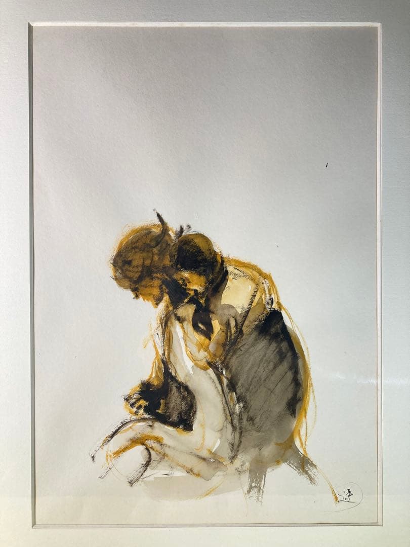 【真作保証】平野遼「母子」水彩画 直筆サイン 絵画