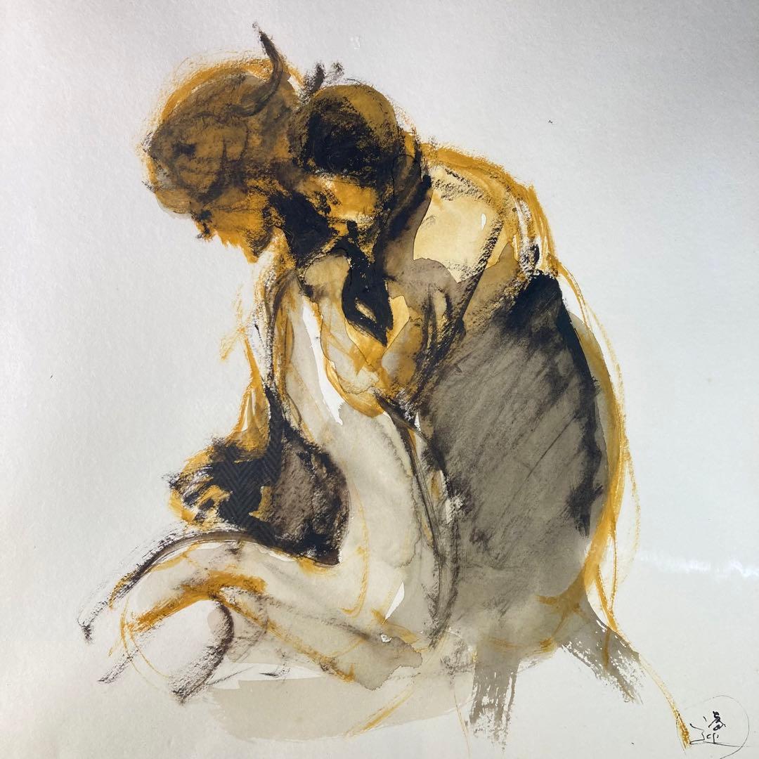 【真作保証】平野遼「母子」水彩画 直筆サイン 絵画