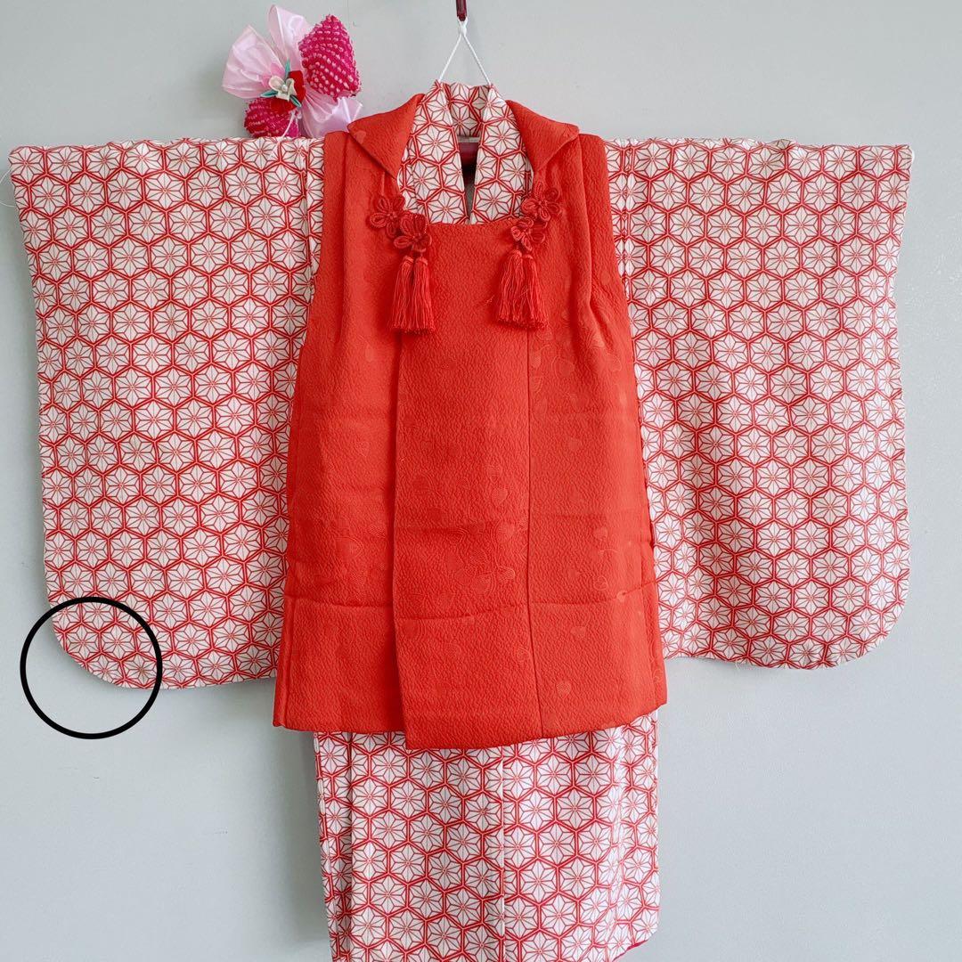 七五三　３歳　女の子　着物　きもの　長着　被布　赤系　麻文様　7276