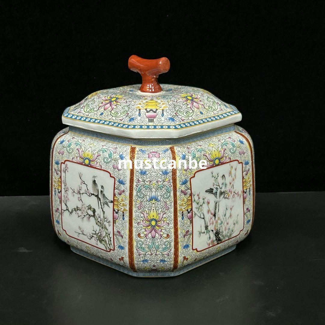 琺瑯花鳥蓋缶 景徳鎮 陶磁器 装飾品 現代工芸品 美術品 置物