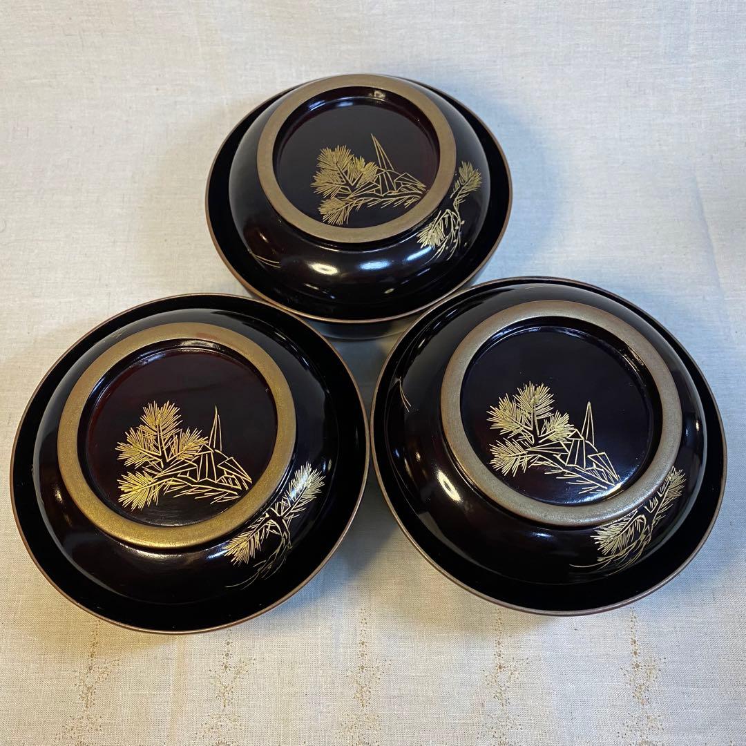 輪島塗　吸物椀　菓子椀　煮物椀　お椀　漆器　金蒔絵　松の図　木製　3客　セット⑧