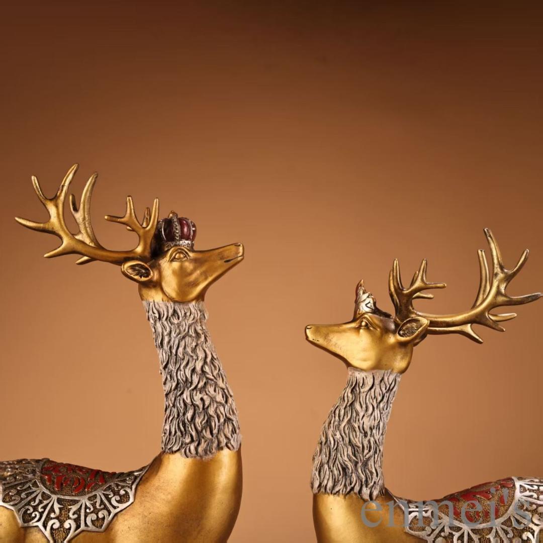中国古美術 旧蔵 鏨刻描金彩絵 招財鹿一対 純銅 高浮彫 極細工 古銅器 置物